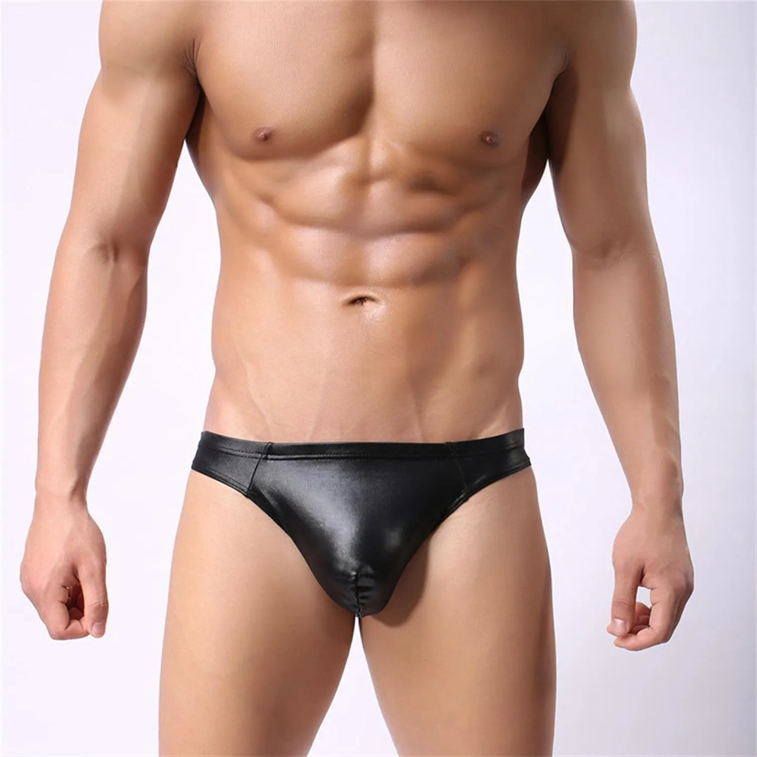Men's Sexy Patent Leather Convex Underwear Low-Waist Body-Shaping Boxer Briefs Knitted Nylon Underpants