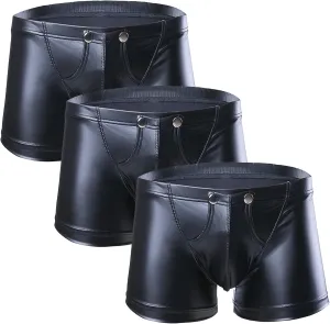 Men's Sexy Patent Leather U-Convex Underwear Low-Waist Detachable Button Boxer Briefs Shaping Hip-Lifting Underpant