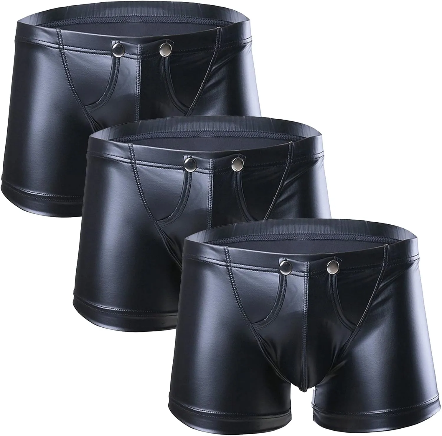 Men's Sexy Patent Leather U-Convex Underwear Low-Waist Detachable Button Boxer Briefs Shaping Hip-Lifting Underpant