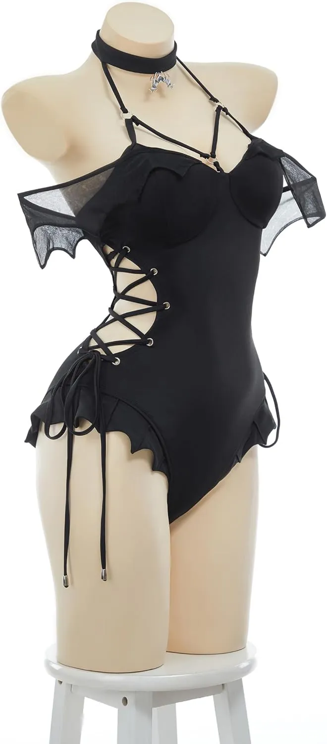 MEOWCOS Gothic Swimsuit for Women Vintage Bat Design Goth Swimsuit Bathing Suit Retro Dark Swimwear