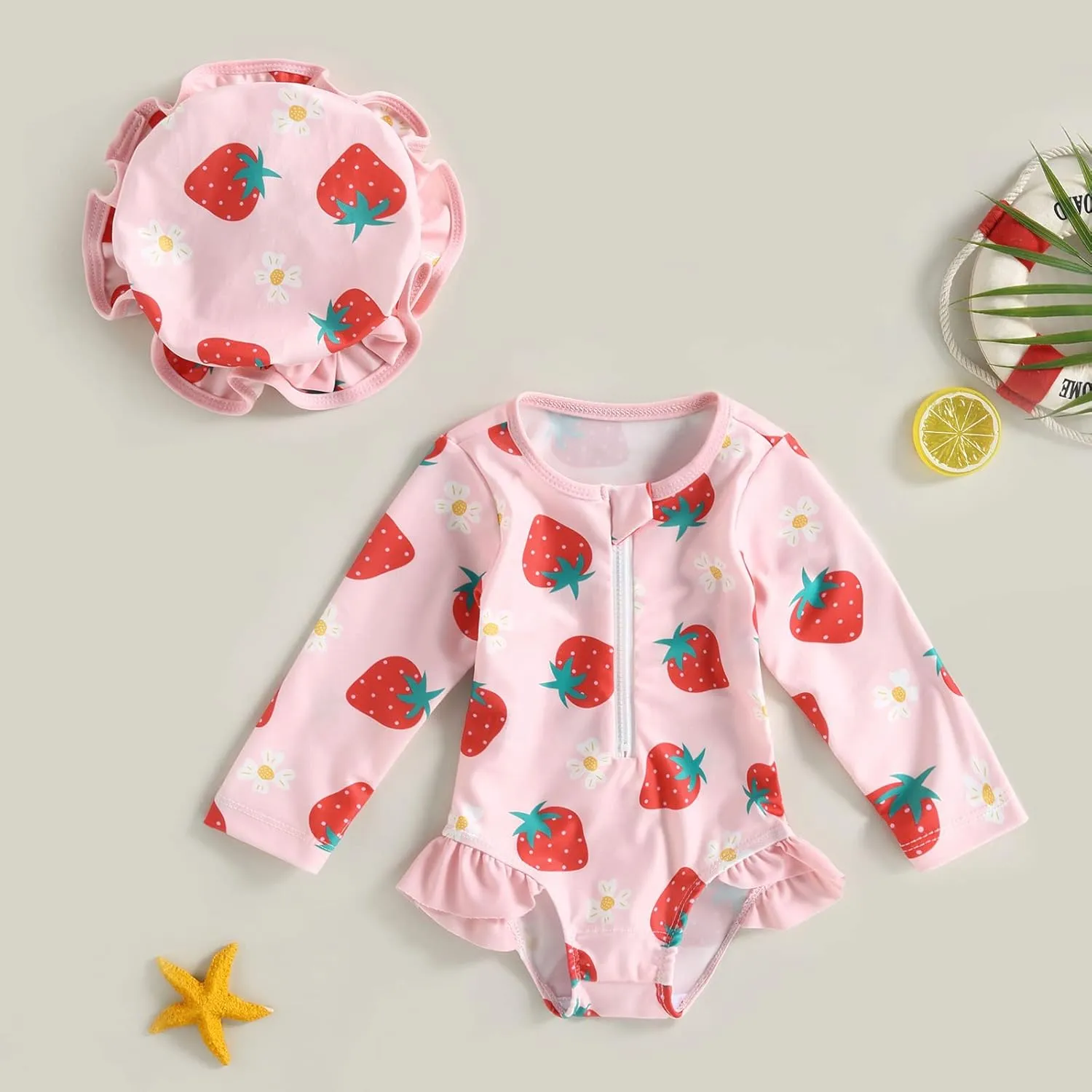 MERSARIPHY Baby Girl One-Piece Swimsuit Rash Guard Toddler Infant Zipper Long Sleeve Swimwear Hat Bathing Suit Swimwear
