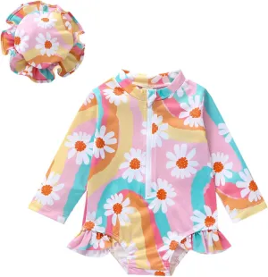 MERSARIPHY Baby Girl One-Piece Swimsuit Rash Guard Toddler Infant Zipper Long Sleeve Swimwear Hat Bathing Suit Swimwear
