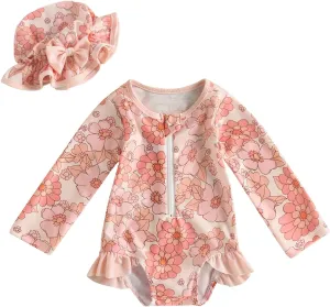 MERSARIPHY Baby Girl One-Piece Swimsuit Rash Guard Toddler Infant Zipper Long Sleeve Swimwear Hat Bathing Suit Swimwear