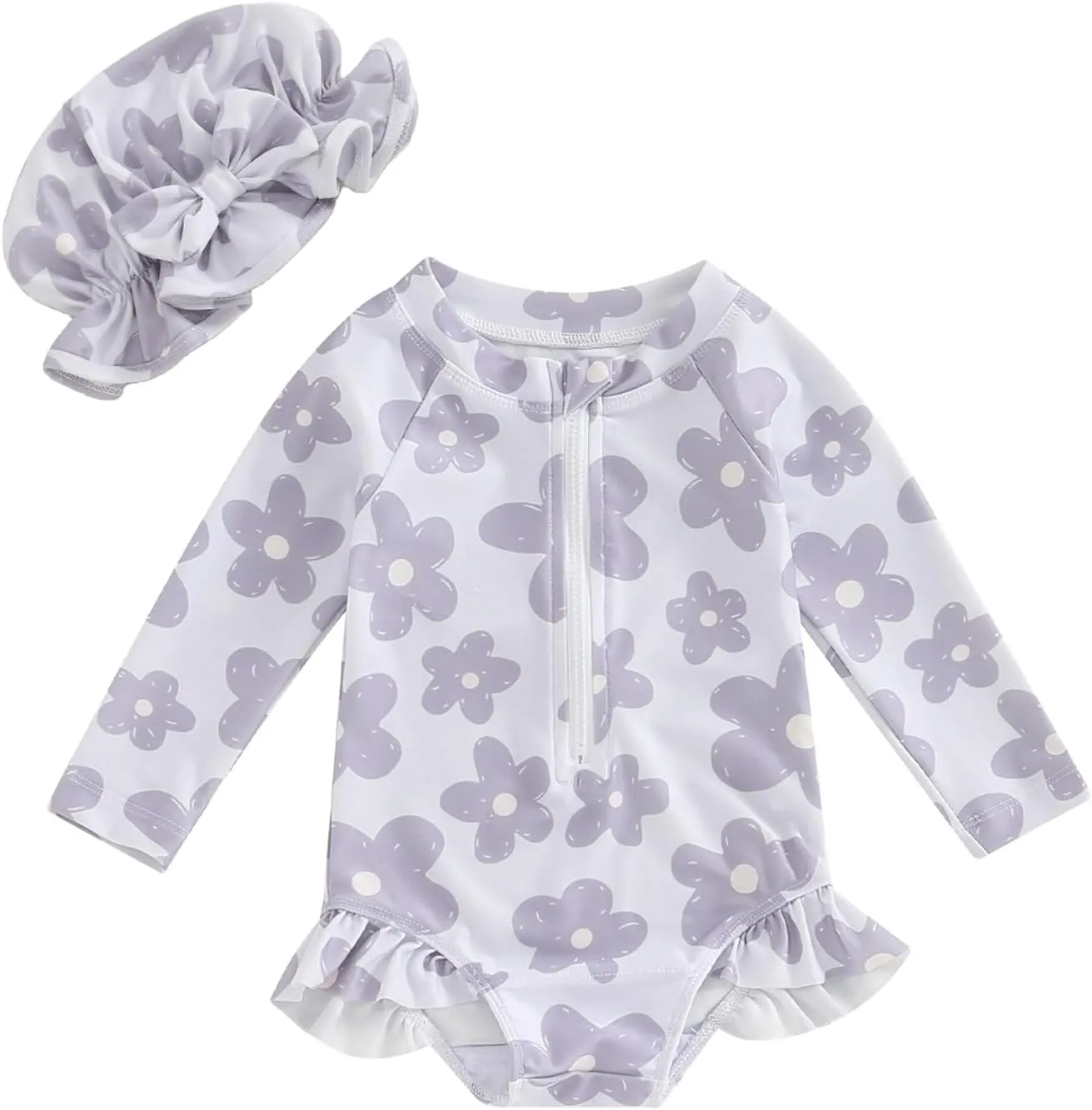 MERSARIPHY Baby Girl One-Piece Swimsuit Rash Guard Toddler Infant Zipper Long Sleeve Swimwear Hat Bathing Suit Swimwear