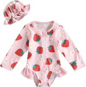 MERSARIPHY Baby Girl One-Piece Swimsuit Rash Guard Toddler Infant Zipper Long Sleeve Swimwear Hat Bathing Suit Swimwear