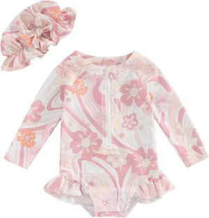 MERSARIPHY Baby Girl One-Piece Swimsuit Rash Guard Toddler Infant Zipper Long Sleeve Swimwear Hat Bathing Suit Swimwear