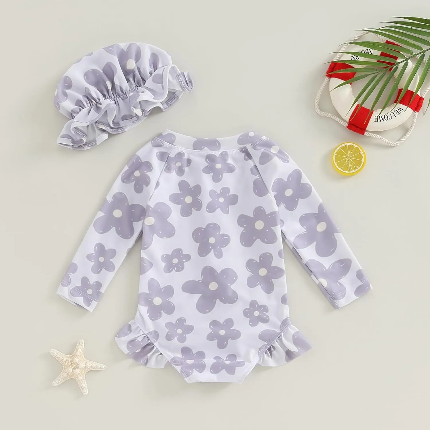 MERSARIPHY Baby Girl One-Piece Swimsuit Rash Guard Toddler Infant Zipper Long Sleeve Swimwear Hat Bathing Suit Swimwear