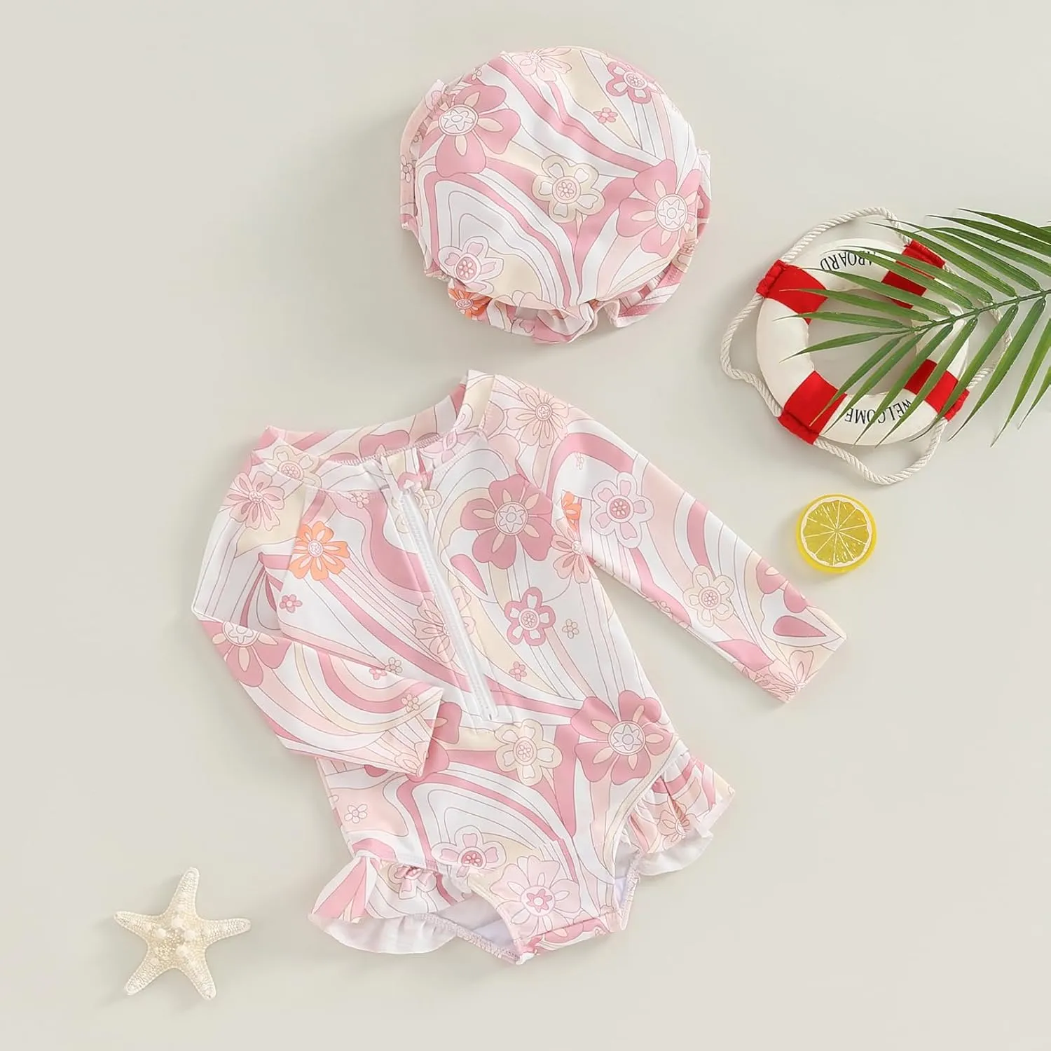 MERSARIPHY Baby Girl One-Piece Swimsuit Rash Guard Toddler Infant Zipper Long Sleeve Swimwear Hat Bathing Suit Swimwear