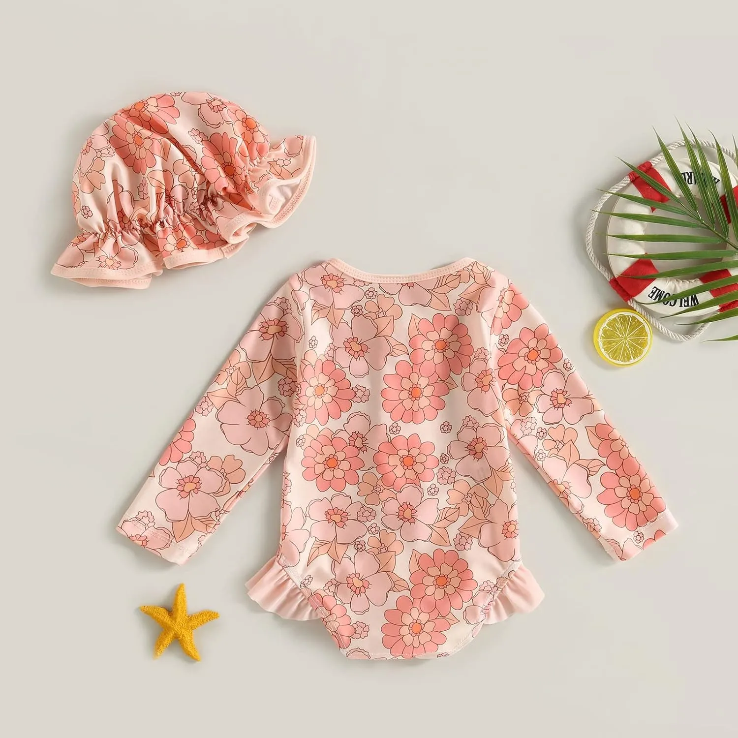 MERSARIPHY Baby Girl One-Piece Swimsuit Rash Guard Toddler Infant Zipper Long Sleeve Swimwear Hat Bathing Suit Swimwear