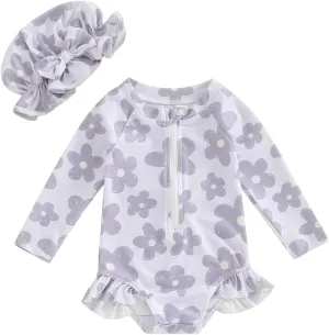 MERSARIPHY Baby Girl One-Piece Swimsuit Rash Guard Toddler Infant Zipper Long Sleeve Swimwear Hat Bathing Suit Swimwear
