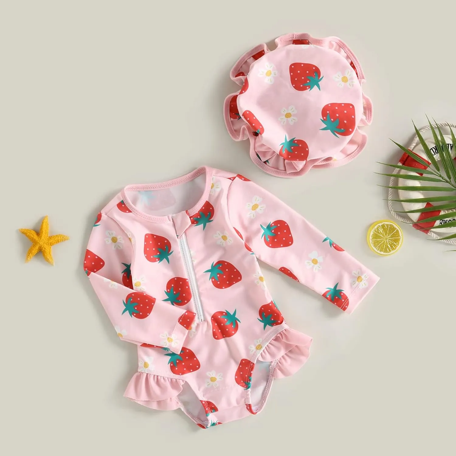 MERSARIPHY Baby Girl One-Piece Swimsuit Rash Guard Toddler Infant Zipper Long Sleeve Swimwear Hat Bathing Suit Swimwear