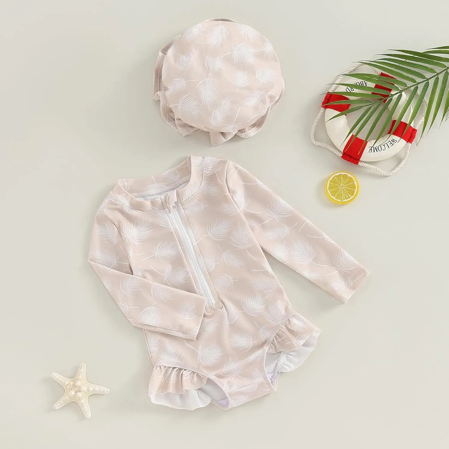 MERSARIPHY Baby Girl One-Piece Swimsuit Rash Guard Toddler Infant Zipper Long Sleeve Swimwear Hat Bathing Suit Swimwear