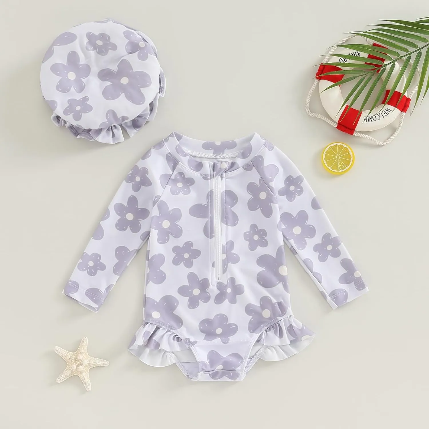 MERSARIPHY Baby Girl One-Piece Swimsuit Rash Guard Toddler Infant Zipper Long Sleeve Swimwear Hat Bathing Suit Swimwear
