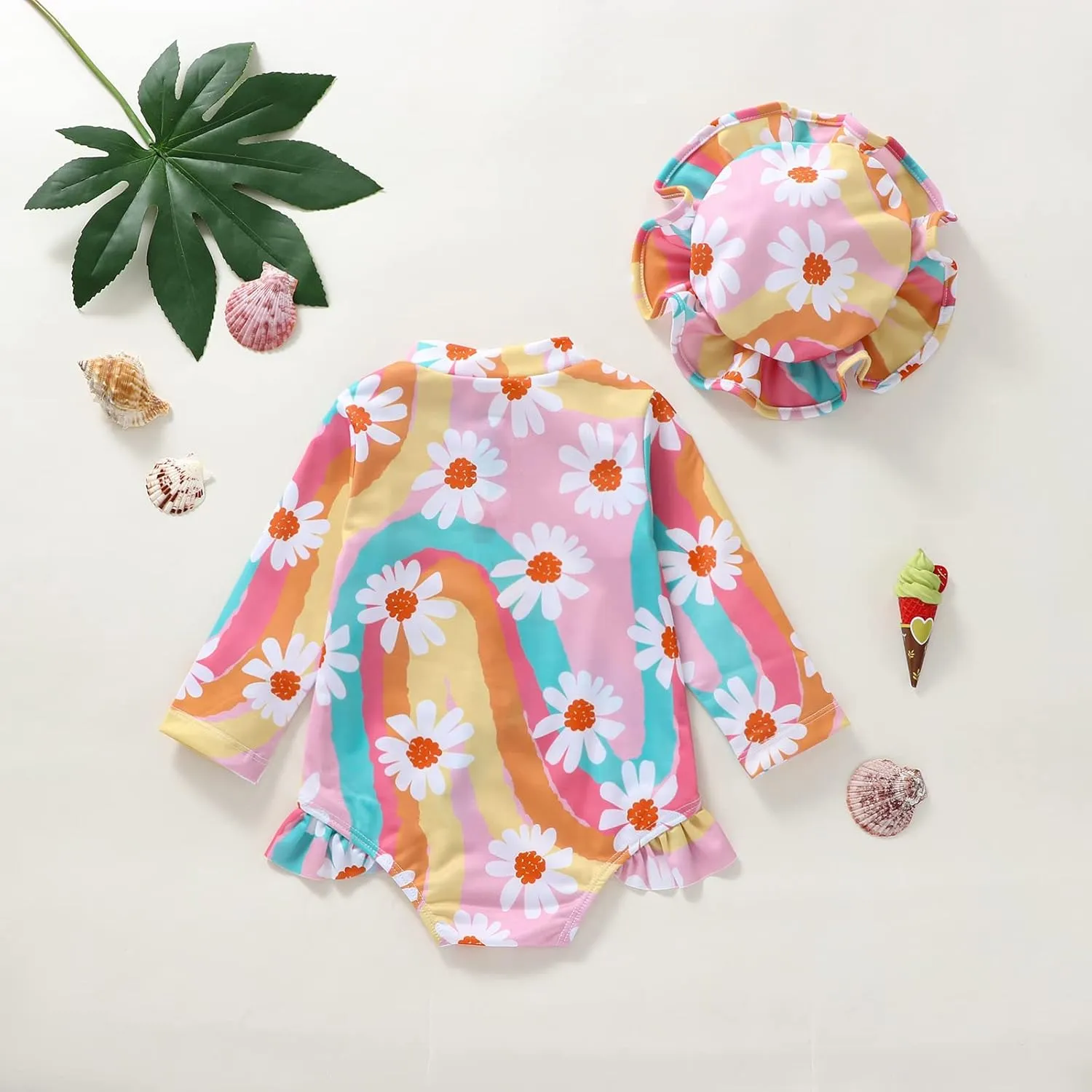 MERSARIPHY Baby Girl One-Piece Swimsuit Rash Guard Toddler Infant Zipper Long Sleeve Swimwear Hat Bathing Suit Swimwear