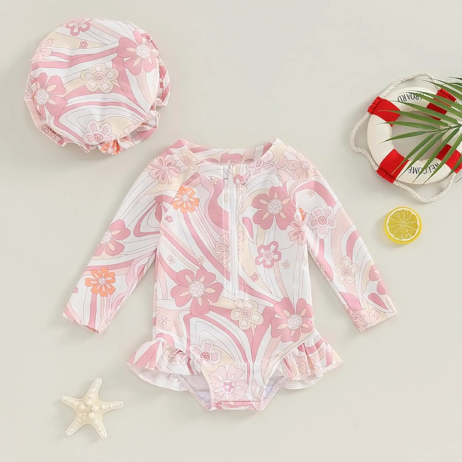 MERSARIPHY Baby Girl One-Piece Swimsuit Rash Guard Toddler Infant Zipper Long Sleeve Swimwear Hat Bathing Suit Swimwear