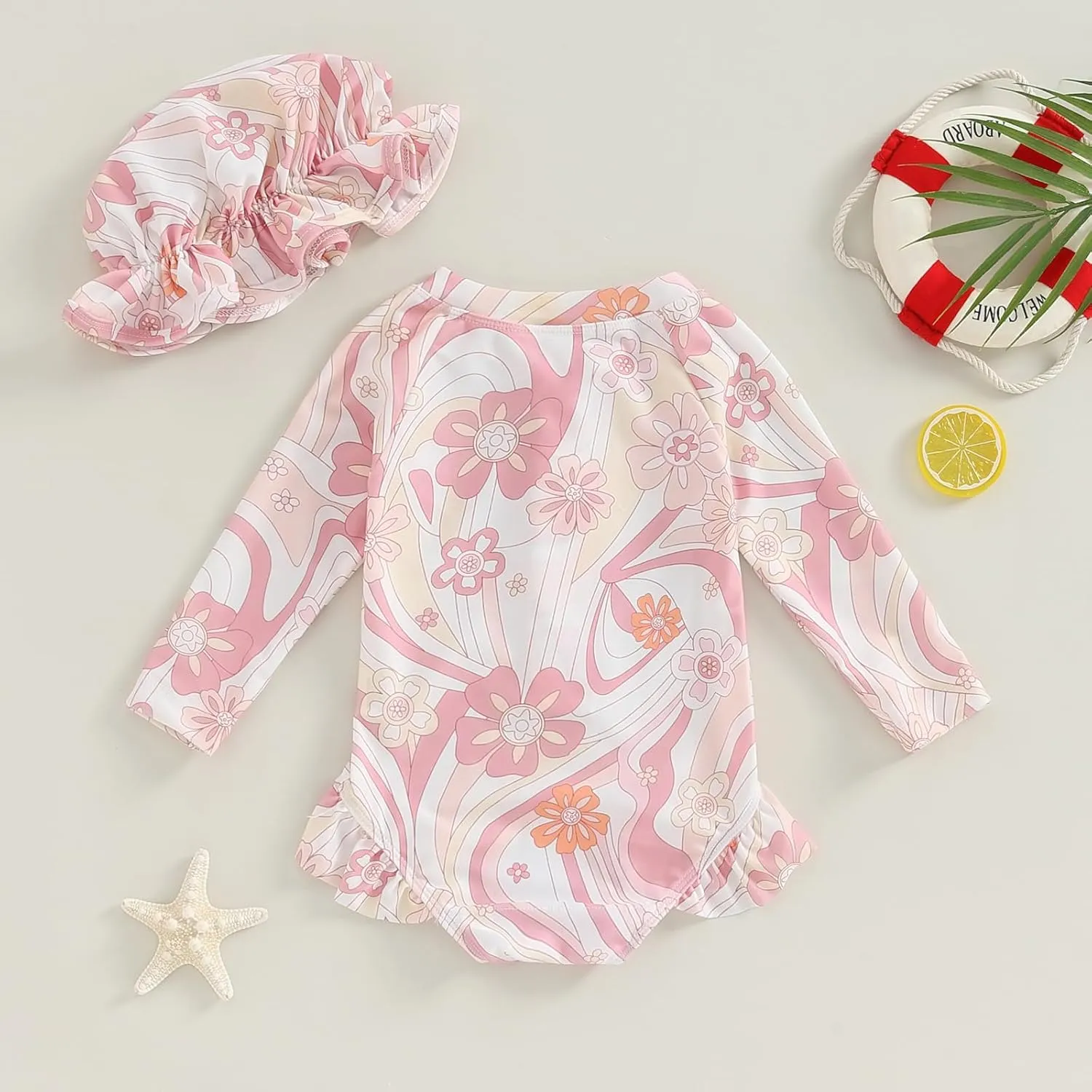 MERSARIPHY Baby Girl One-Piece Swimsuit Rash Guard Toddler Infant Zipper Long Sleeve Swimwear Hat Bathing Suit Swimwear