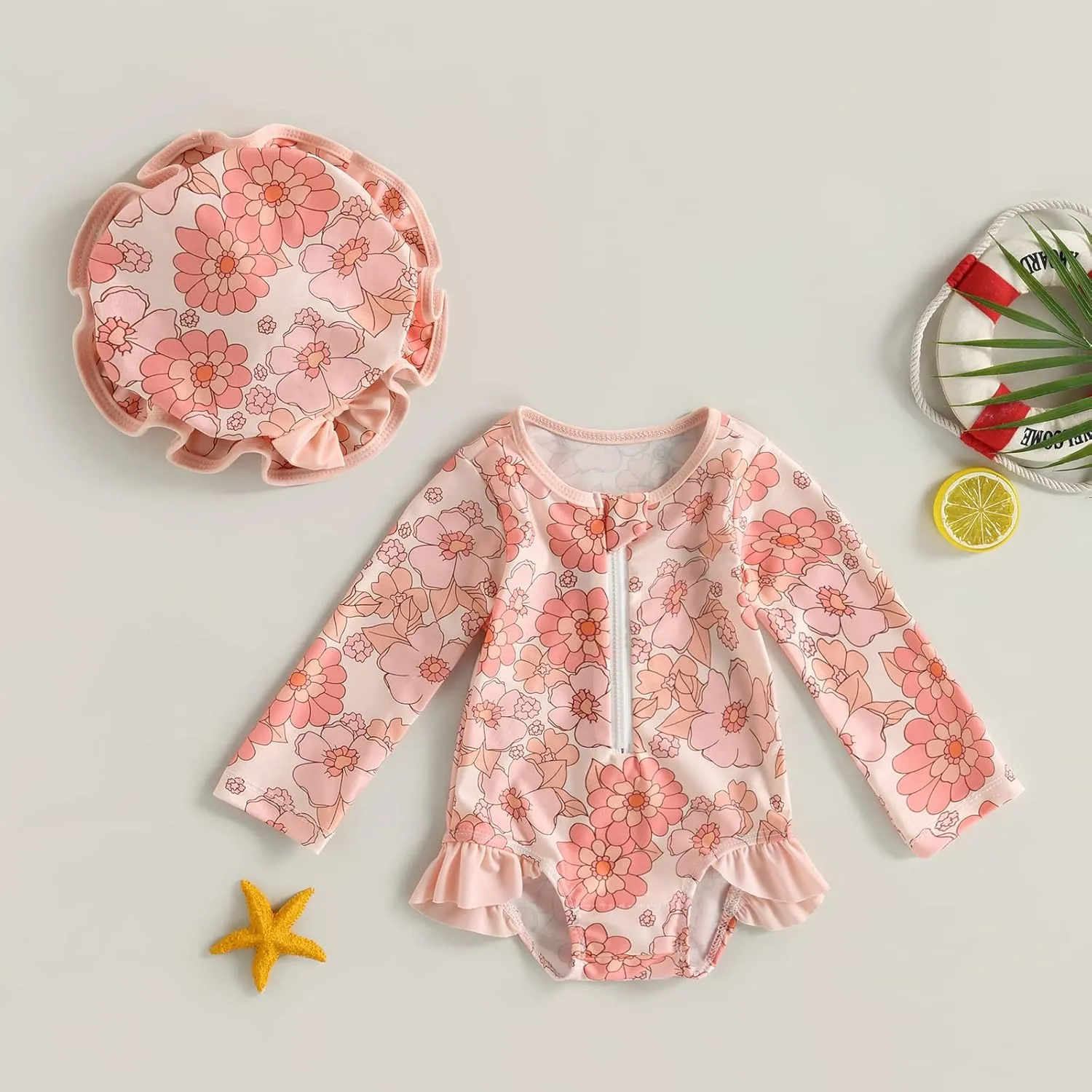 MERSARIPHY Baby Girl One-Piece Swimsuit Rash Guard Toddler Infant Zipper Long Sleeve Swimwear Hat Bathing Suit Swimwear