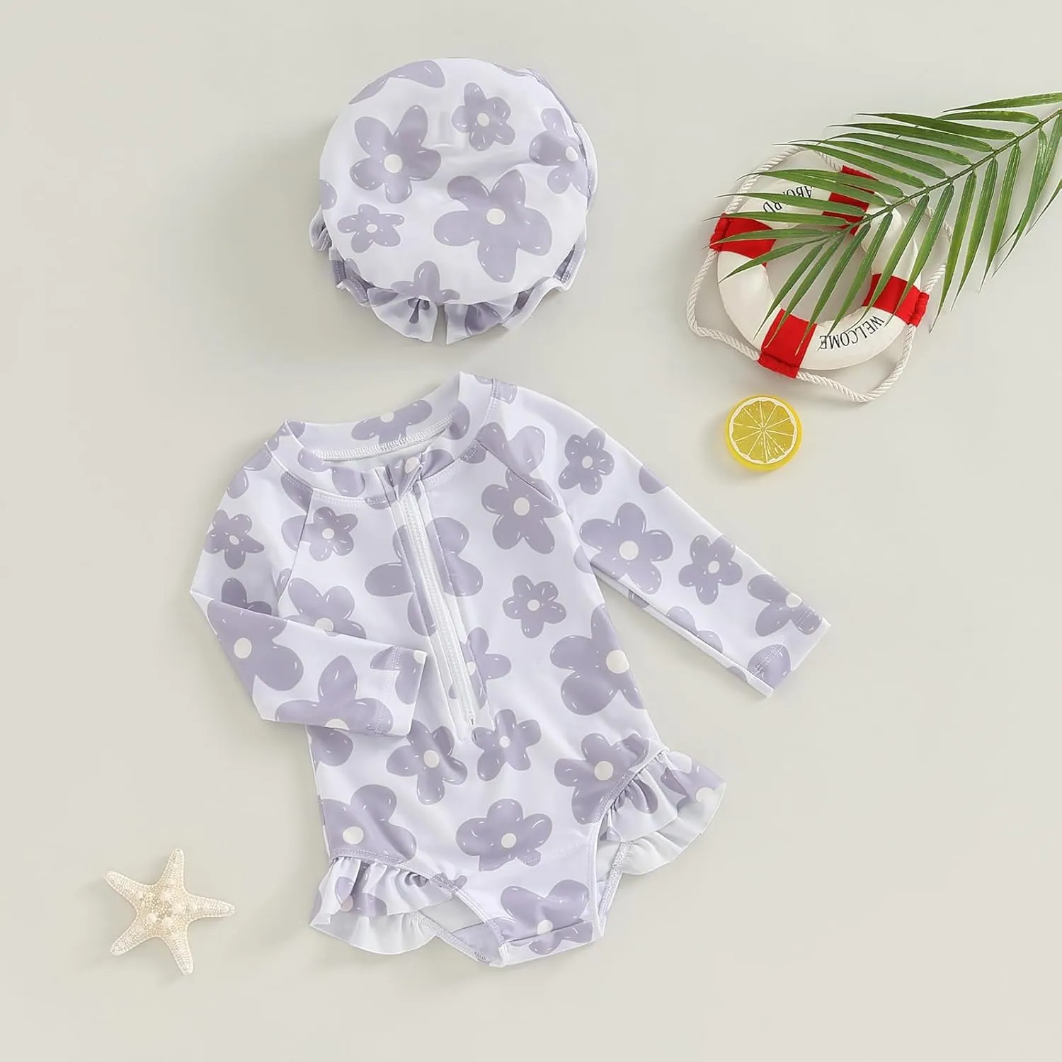MERSARIPHY Baby Girl One-Piece Swimsuit Rash Guard Toddler Infant Zipper Long Sleeve Swimwear Hat Bathing Suit Swimwear