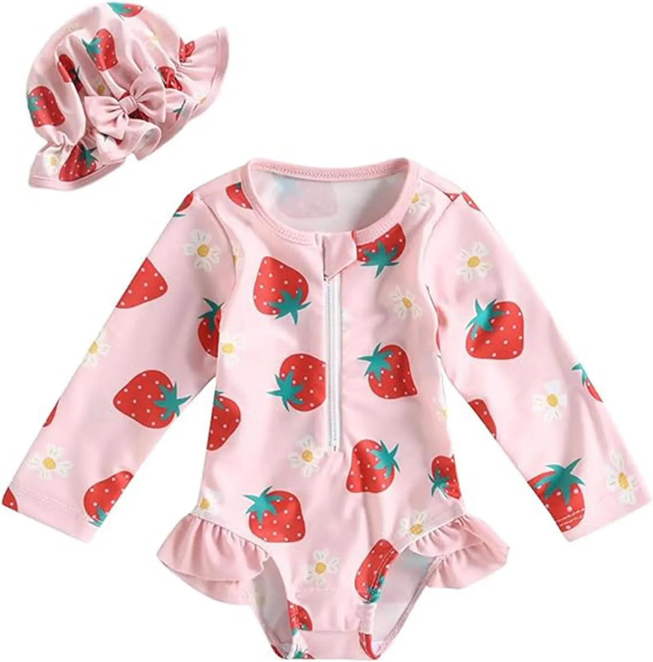 MERSARIPHY Baby Girl One-Piece Swimsuit Rash Guard Toddler Infant Zipper Long Sleeve Swimwear Hat Bathing Suit Swimwear