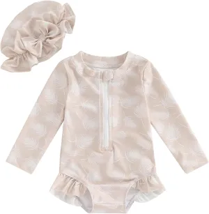 MERSARIPHY Baby Girl One-Piece Swimsuit Rash Guard Toddler Infant Zipper Long Sleeve Swimwear Hat Bathing Suit Swimwear