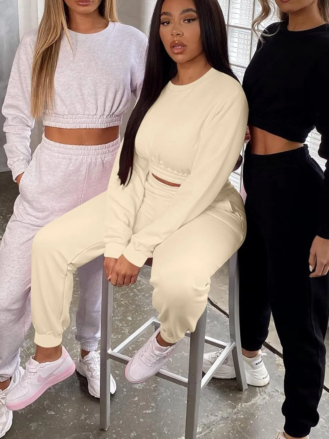 Mokoru Women's Workout 2 Piece Outfits Tracksuit Long Sleeve Crop Tops Joggers Pants Sets Sweatsuits