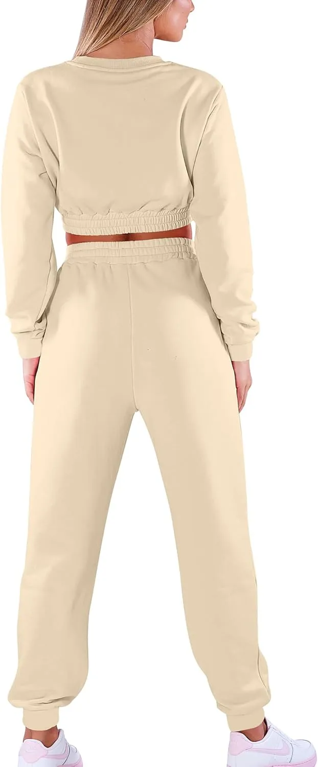 Mokoru Women's Workout 2 Piece Outfits Tracksuit Long Sleeve Crop Tops Joggers Pants Sets Sweatsuits