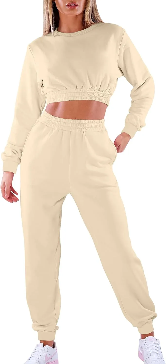 Mokoru Women's Workout 2 Piece Outfits Tracksuit Long Sleeve Crop Tops Joggers Pants Sets Sweatsuits