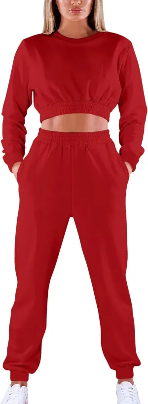 Mokoru Women's Workout 2 Piece Outfits Tracksuit Long Sleeve Crop Tops Joggers Pants Sets Sweatsuits