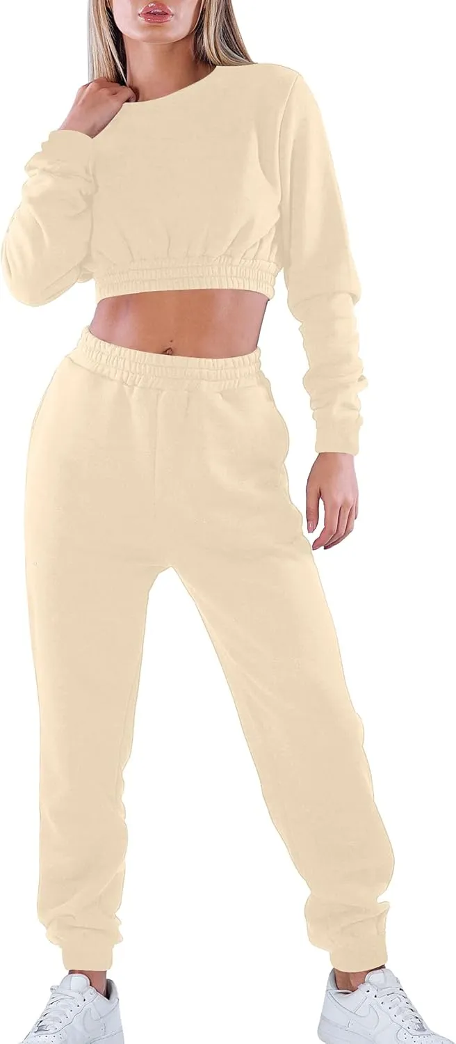 Mokoru Women's Workout 2 Piece Outfits Tracksuit Long Sleeve Crop Tops Joggers Pants Sets Sweatsuits