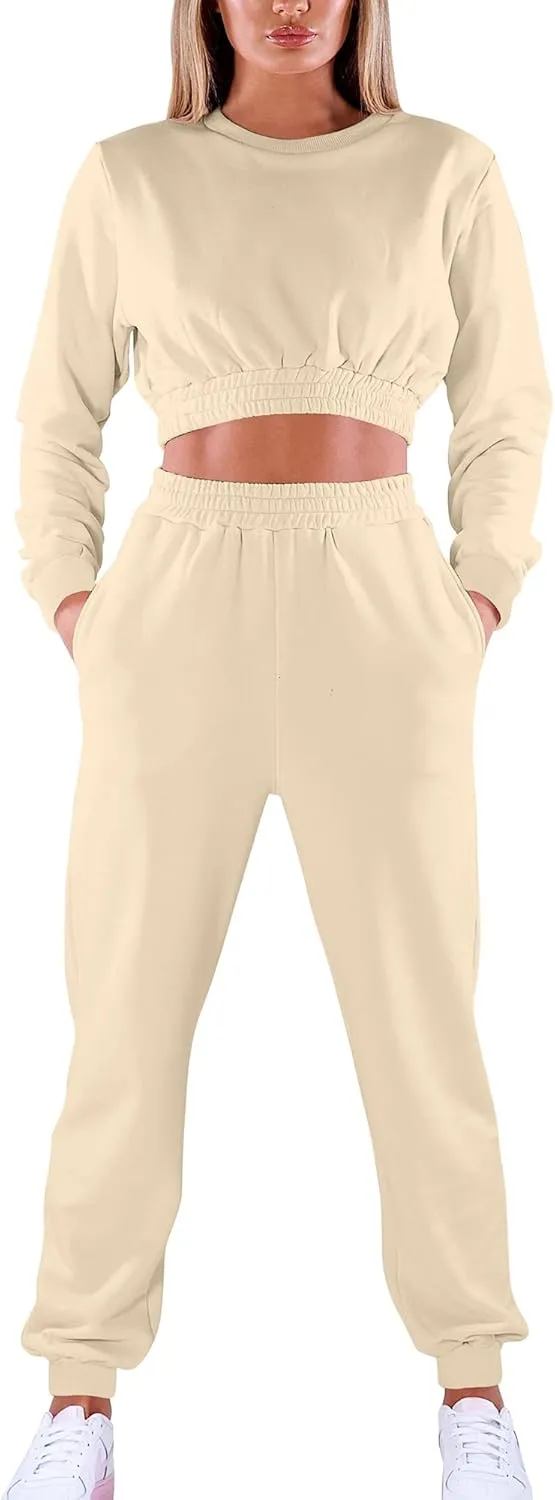Mokoru Women's Workout 2 Piece Outfits Tracksuit Long Sleeve Crop Tops Joggers Pants Sets Sweatsuits