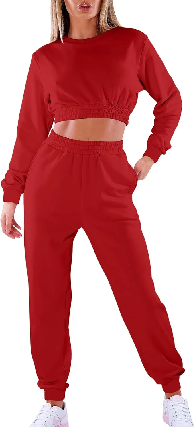 Mokoru Women's Workout 2 Piece Outfits Tracksuit Long Sleeve Crop Tops Joggers Pants Sets Sweatsuits