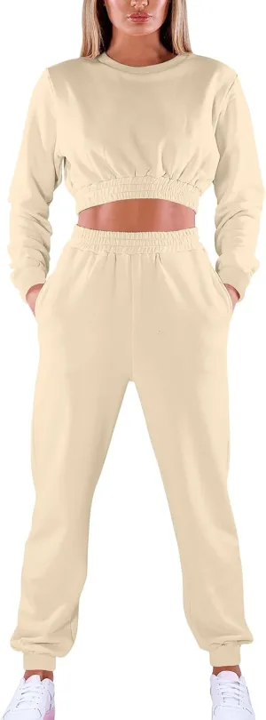 Mokoru Women's Workout 2 Piece Outfits Tracksuit Long Sleeve Crop Tops Joggers Pants Sets Sweatsuits
