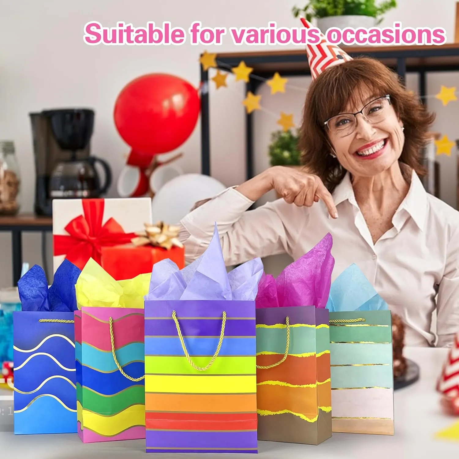 MUMULULU 15 Pack Paper Gift Bags with Handle and Tissue Paper Birthday Bag Rainbow Gift Bags for Birthday Party Baby Shower Wedding Holiday Presents