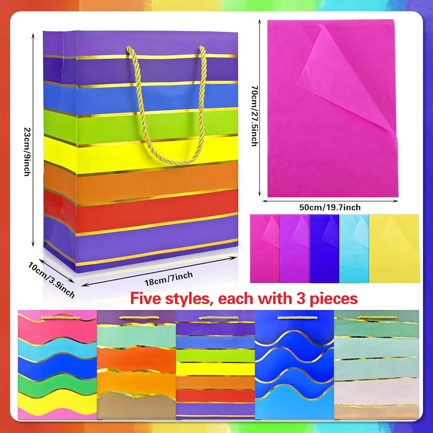 MUMULULU 15 Pack Paper Gift Bags with Handle and Tissue Paper Birthday Bag Rainbow Gift Bags for Birthday Party Baby Shower Wedding Holiday Presents