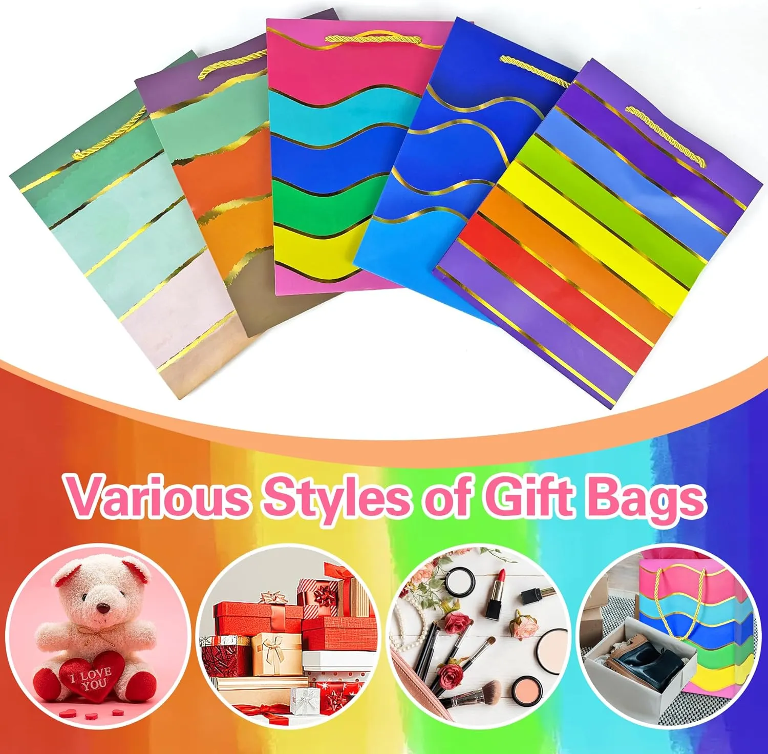 MUMULULU 15 Pack Paper Gift Bags with Handle and Tissue Paper Birthday Bag Rainbow Gift Bags for Birthday Party Baby Shower Wedding Holiday Presents