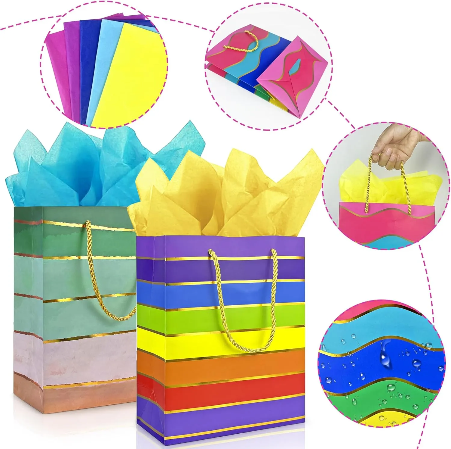 MUMULULU 15 Pack Paper Gift Bags with Handle and Tissue Paper Birthday Bag Rainbow Gift Bags for Birthday Party Baby Shower Wedding Holiday Presents