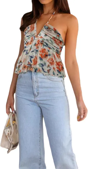 Mxiqqpltky Women Tie Halter Tank Tops Sexy V Neck Ruched Flowy Peplum Crop Camisole Cute Y2K Print Backless Ruffle Cami Tops
