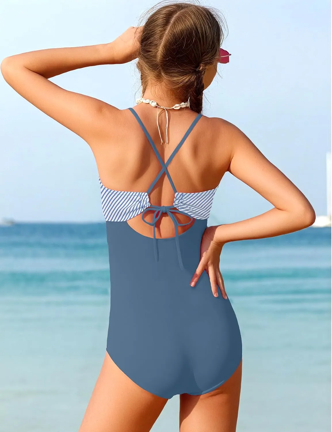 NECIOUS Girls Swimsuits One Piece Cutout Bathing Suit Adjustable Straps Girls' Swimwear with Cover Up Skirt 9-16 Y