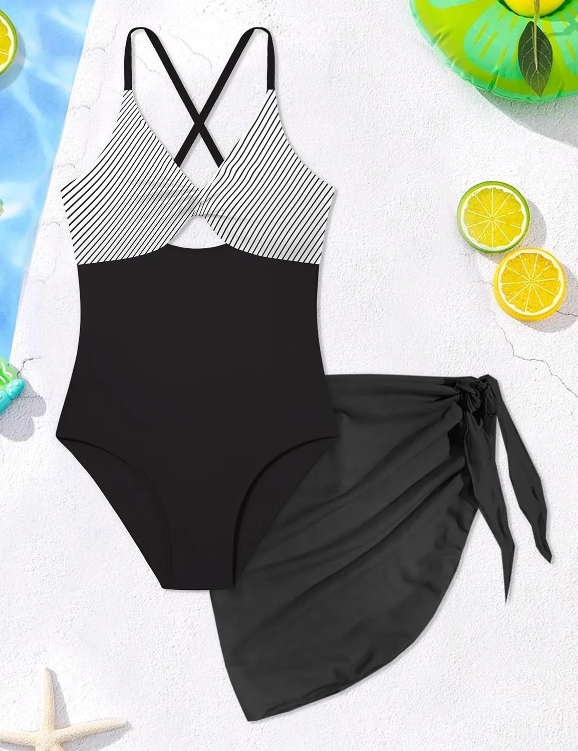 NECIOUS Girls Swimsuits One Piece Cutout Bathing Suit Adjustable Straps Girls' Swimwear with Cover Up Skirt 9-16 Y