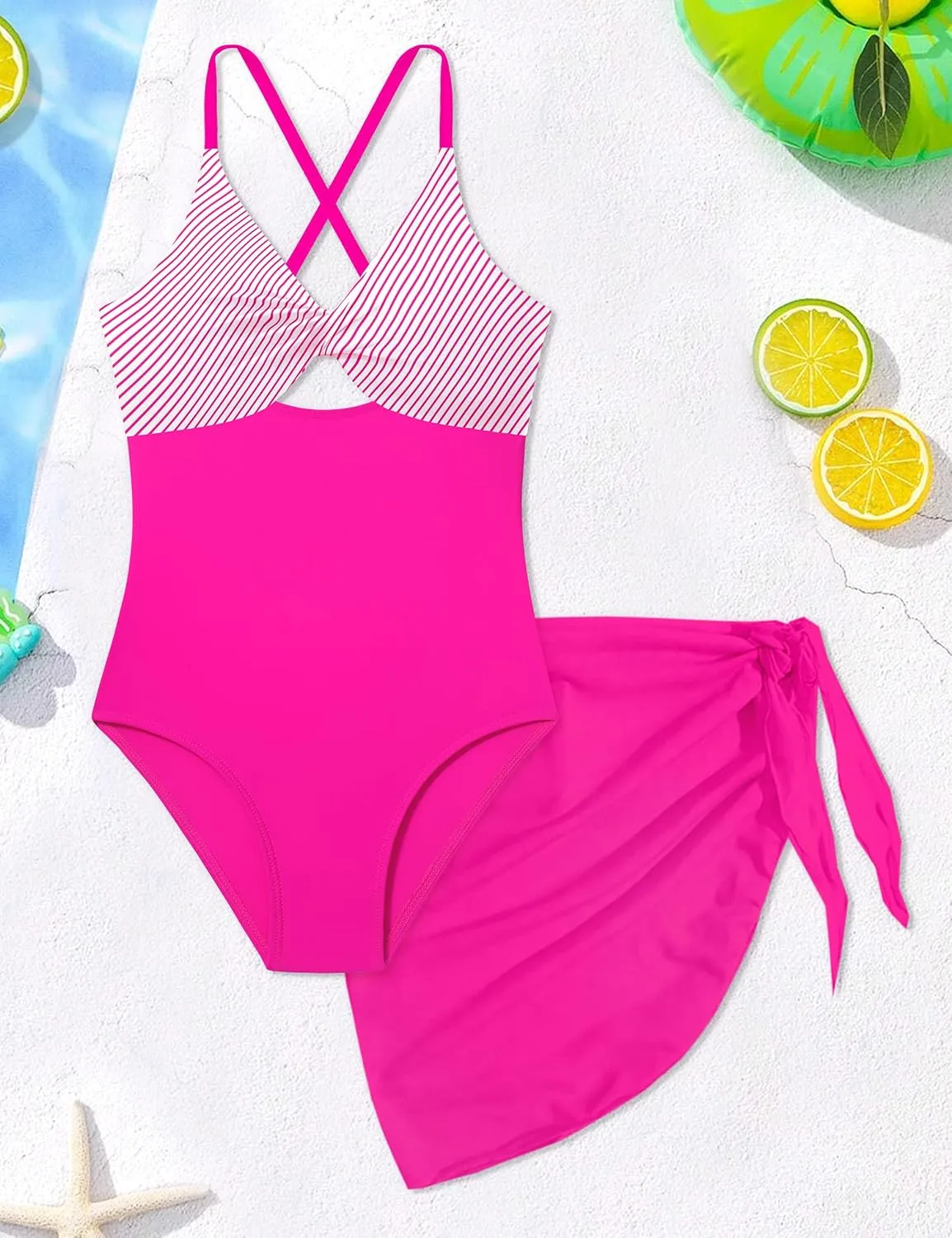 NECIOUS Girls Swimsuits One Piece Cutout Bathing Suit Adjustable Straps Girls' Swimwear with Cover Up Skirt 9-16 Y