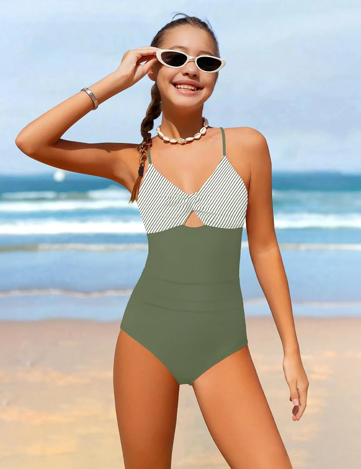 NECIOUS Girls Swimsuits One Piece Cutout Bathing Suit Adjustable Straps Girls' Swimwear with Cover Up Skirt 9-16 Y
