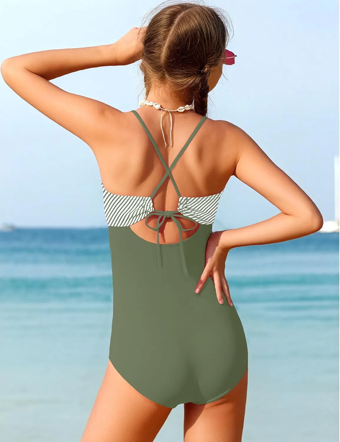 NECIOUS Girls Swimsuits One Piece Cutout Bathing Suit Adjustable Straps Girls' Swimwear with Cover Up Skirt 9-16 Y