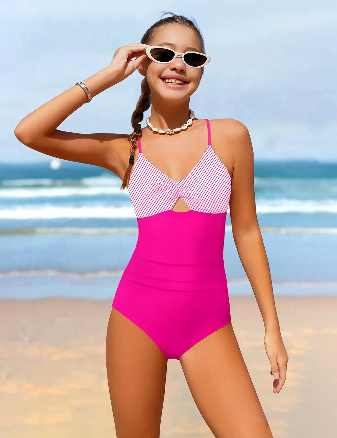NECIOUS Girls Swimsuits One Piece Cutout Bathing Suit Adjustable Straps Girls' Swimwear with Cover Up Skirt 9-16 Y