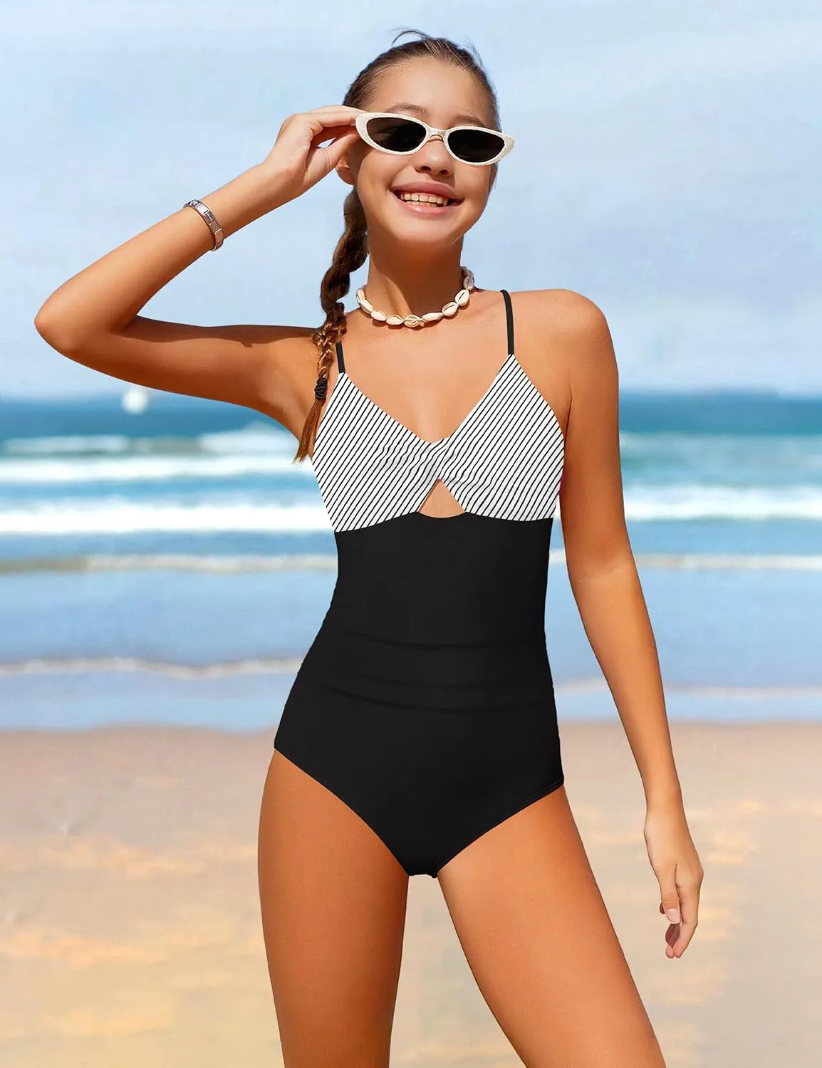NECIOUS Girls Swimsuits One Piece Cutout Bathing Suit Adjustable Straps Girls' Swimwear with Cover Up Skirt 9-16 Y