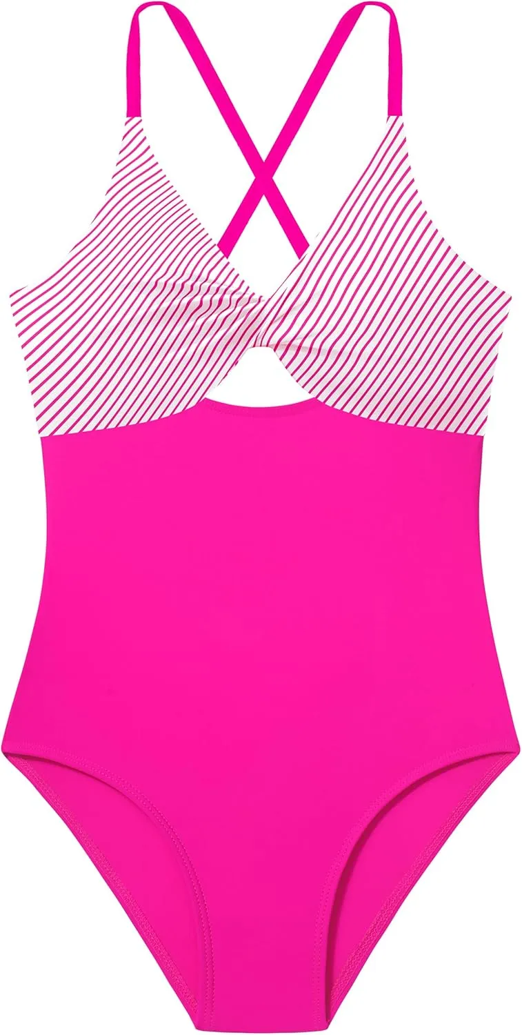 NECIOUS Girls Swimsuits One Piece Cutout Bathing Suit Adjustable Straps Girls' Swimwear with Cover Up Skirt 9-16 Y