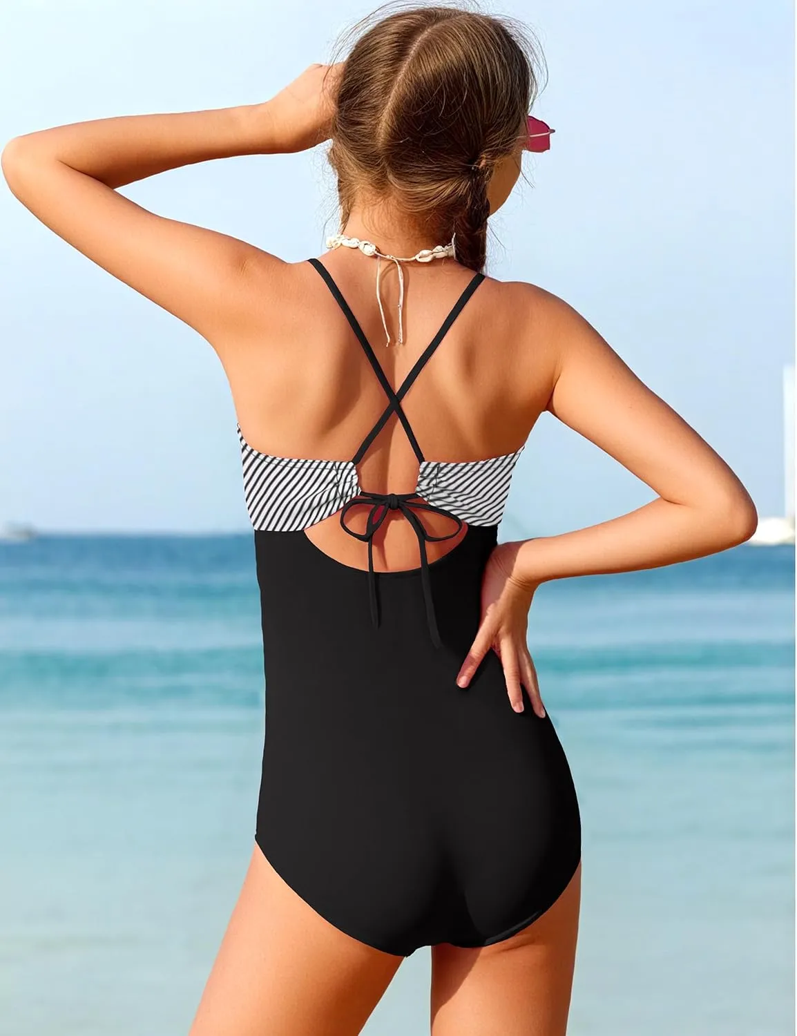 NECIOUS Girls Swimsuits One Piece Cutout Bathing Suit Adjustable Straps Girls' Swimwear with Cover Up Skirt 9-16 Y