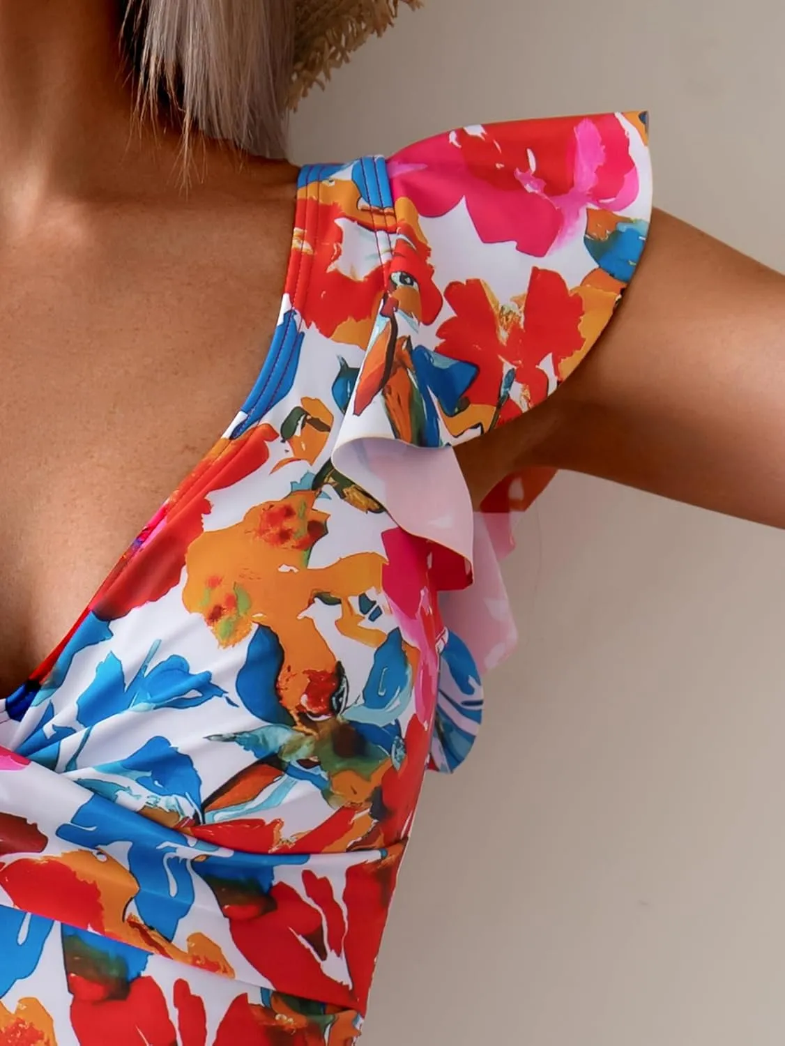 One Piece Swimdress Tummy Control Ruffle Swimsuit for Women Tie Knot Swim Dresses V Neck Bathing Suit Skirt