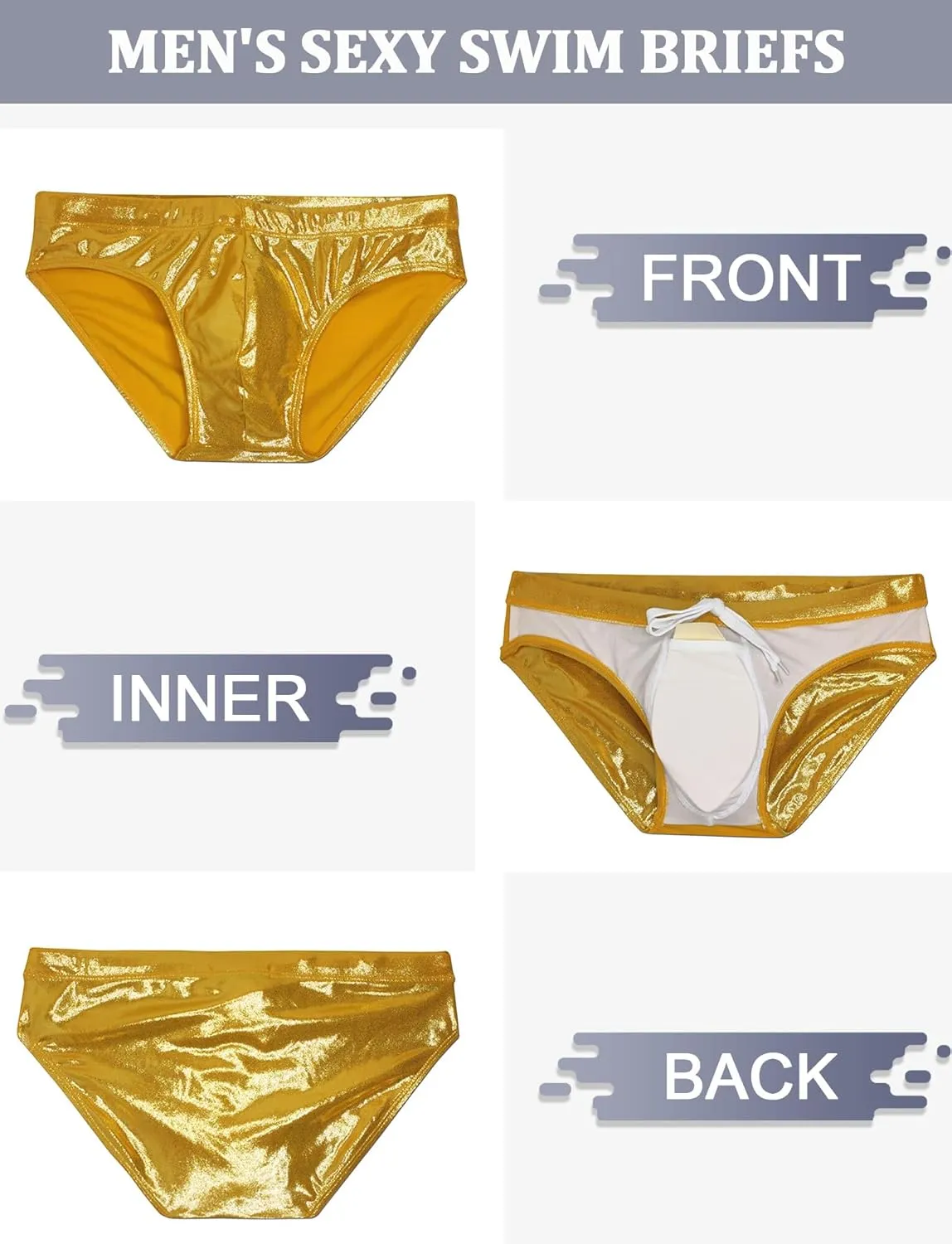 Panegy Men's Shiny Faux Leather Swim Briefs Contour Pouch Bikini Underwear Drawstring Swimwear with Pad
