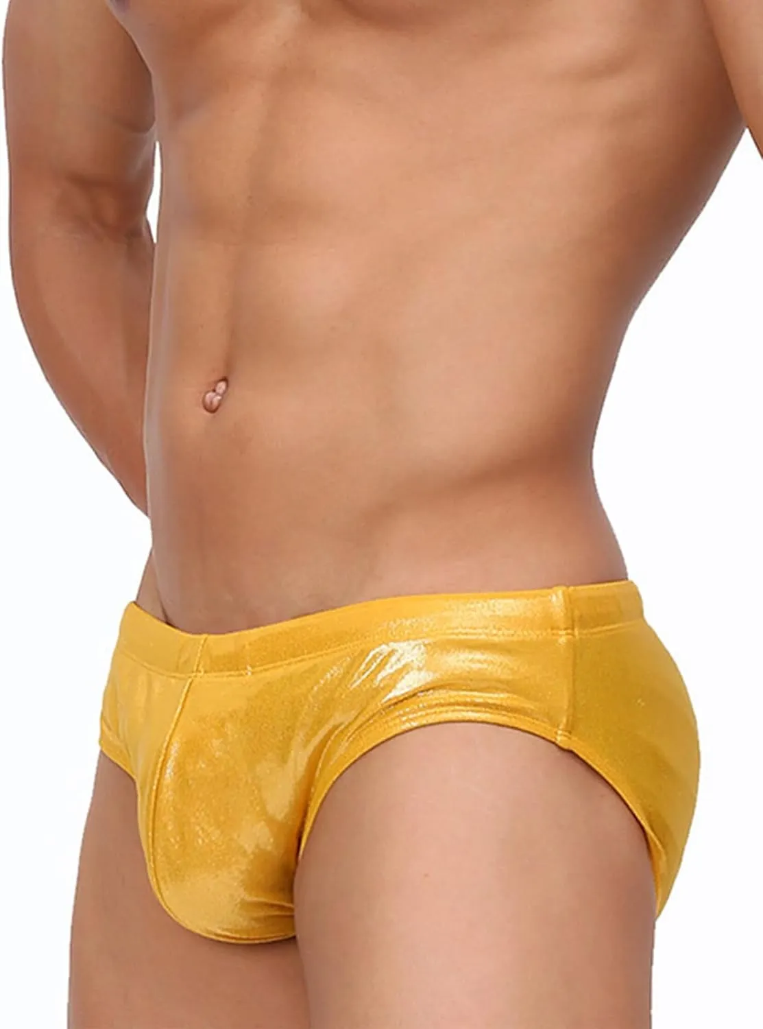 Panegy Men's Shiny Faux Leather Swim Briefs Contour Pouch Bikini Underwear Drawstring Swimwear with Pad