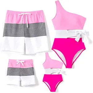 PATPAT Family Matching Swimsuits Mommy and Me One Shoulder Cutout Colorblock Bathing Suits One Piece Swimwear Sets
